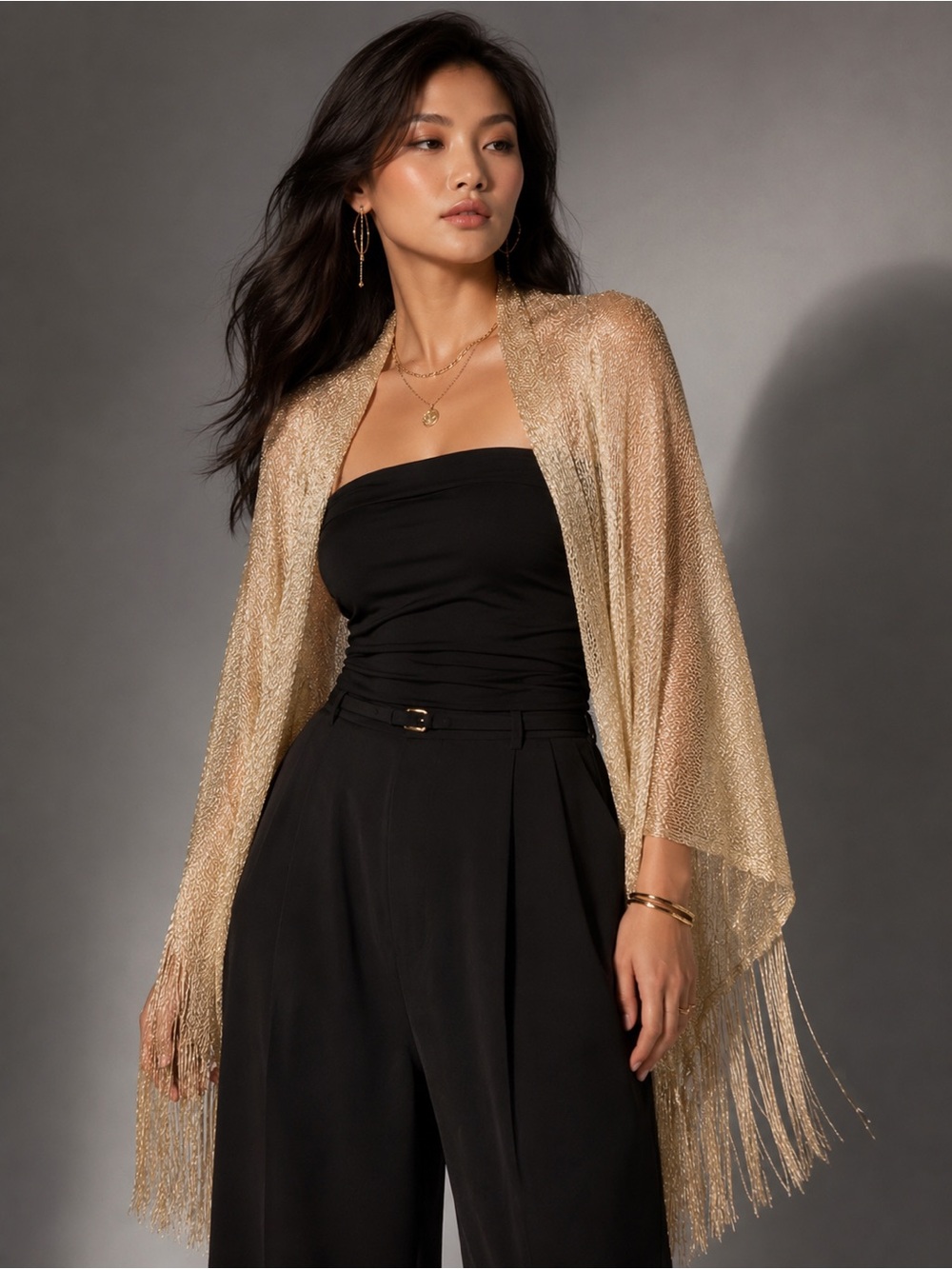 Gold Metallic Fringe Evening Shawl Wrap Wedding Formal Party Lightweight Scarf - Picture 3 of 14